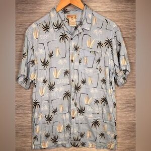 Caribbean Joe Button Up Shirt Planes Palm Tree Print Men’s Size L Rayon Slim